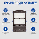 Specifications overview featuring 3CCT selectable colors, adjustable 200W/240W/300W wattage, 45,000 lumens, Type III distribution, and IP65 waterproof protection.