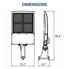 Dimension drawing of the UpgradeToLED 300W LED parking lot light measuring 28.6 inches in height, 13.1 inches in width, and 6.2 inches in depth.