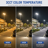 Comparison of 3000K warm white, 4000K neutral white, and 5000K daylight white lighting options available on the UpgradeToLED commercial LED area light.