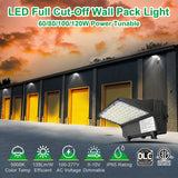 Selectable LED Full Cutoff Wall Pack installed on a commercial warehouse featuring 60W, 80W, 100W, and 120W power selection, selectable color temperature, IP65 waterproof protection, and DLC Premium performance.