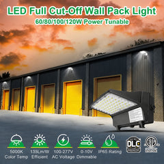 Selectable LED Full Cutoff Wall Pack installed on a commercial warehouse featuring 60W, 80W, 100W, and 120W power selection, selectable color temperature, IP65 waterproof protection, and DLC Premium performance.