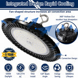 Integrated cooling system of the selectable UFO LED high bay light featuring rapid heat dissipation, 120° beam angle, energy-saving performance, and 50,000-hour lifespan.