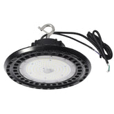 Front view of the 100W/120W/150W selectable UFO LED high bay light delivering up to 24,000 lumens at 5000K daylight white with 120-277V input and 0-10V dimming.