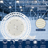 Feature overview of the white selectable UFO LED high bay light with 180W, 200W, and 240W wattage options, up to 43,200 lumens, 180 LM/W efficiency, and SMD 2835 LEDs.