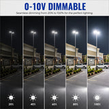 Demonstration of 0-10V dimming functionality with adjustable brightness levels from 20% to 100% for the UpgradeToLED commercial LED parking lot light.
