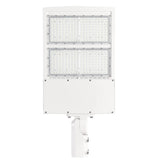 300W LED parking lot light with white housing, delivering up to 42,000 lumens and supporting Type III and Type V light distribution patterns.