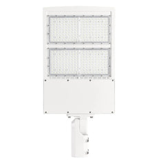 300W LED parking lot light with white housing, delivering up to 42,000 lumens and supporting Type III and Type V light distribution patterns.