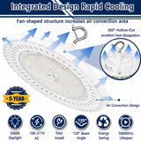 Integrated air convection cooling system of the white selectable UFO LED high bay light featuring 100-277V operation, 120° beam angle, energy-efficient performance, and a 50,000-hour lifespan.