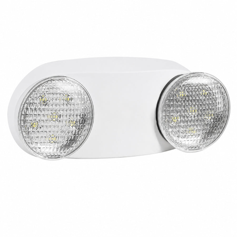 A white emergency exit light fixture with two round clear LED lenses on a plain white background.