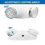White dual-head emergency exit ceiling light with text overlays showing adjustable lighting angles: 360 degrees around the top head and 90 degrees around the side head, on a white background with a blue header.