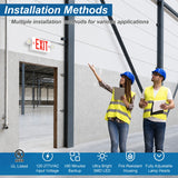 Installation Methods promotional graphic showing two people in a warehouse setting wearing high-visibility vests and hard hats near an exit sign, with text overlays describing multiple installation methods and exit emergency light combo features.