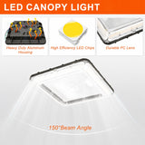 An LED canopy light product graphic with feature callouts: heavy-duty aluminum housing, high-efficiency LED chips, durable PC lens, and a 150° beam angle. The main product is shown as a clear square canopy light with a black trim, emitting light downward on a white background.