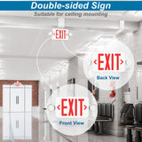Double-sided EXIT ceiling sign shown installed in a hallway, with front and back views highlighted in circular callouts and the text 'Double-sided Sign Suitable for ceiling mounting' at the top.