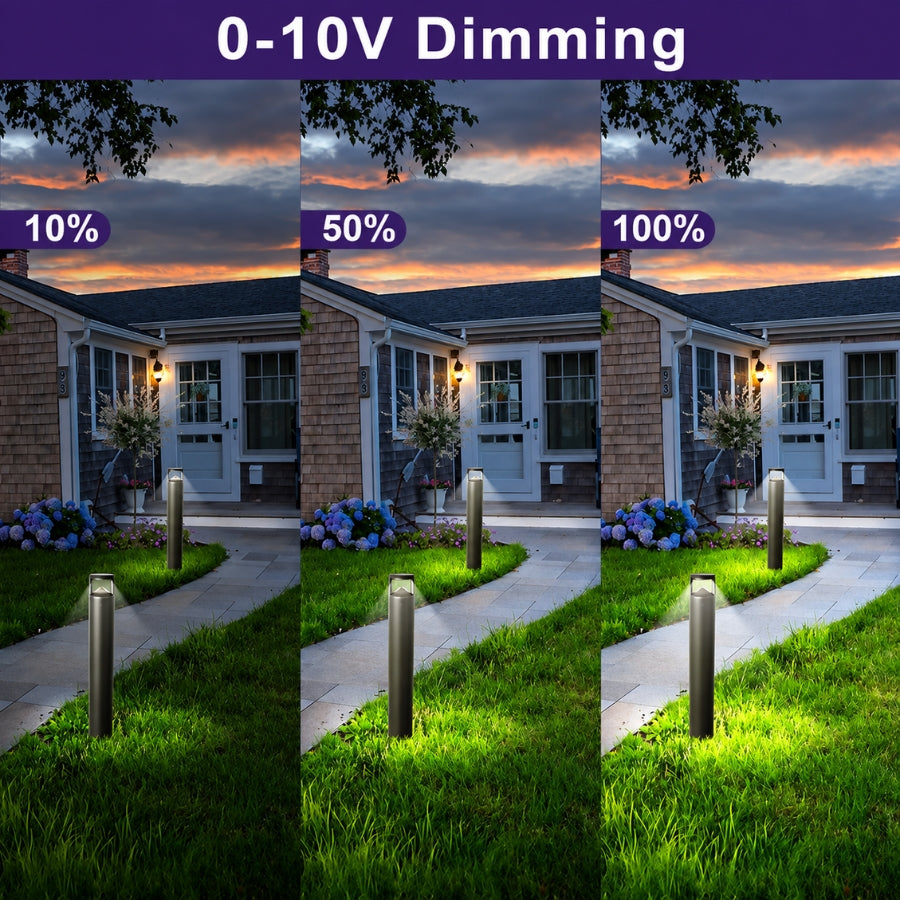 1-10V dimmable LED bollard light showing adjustable 10 percent 50 percent and 100 percent brightness levels