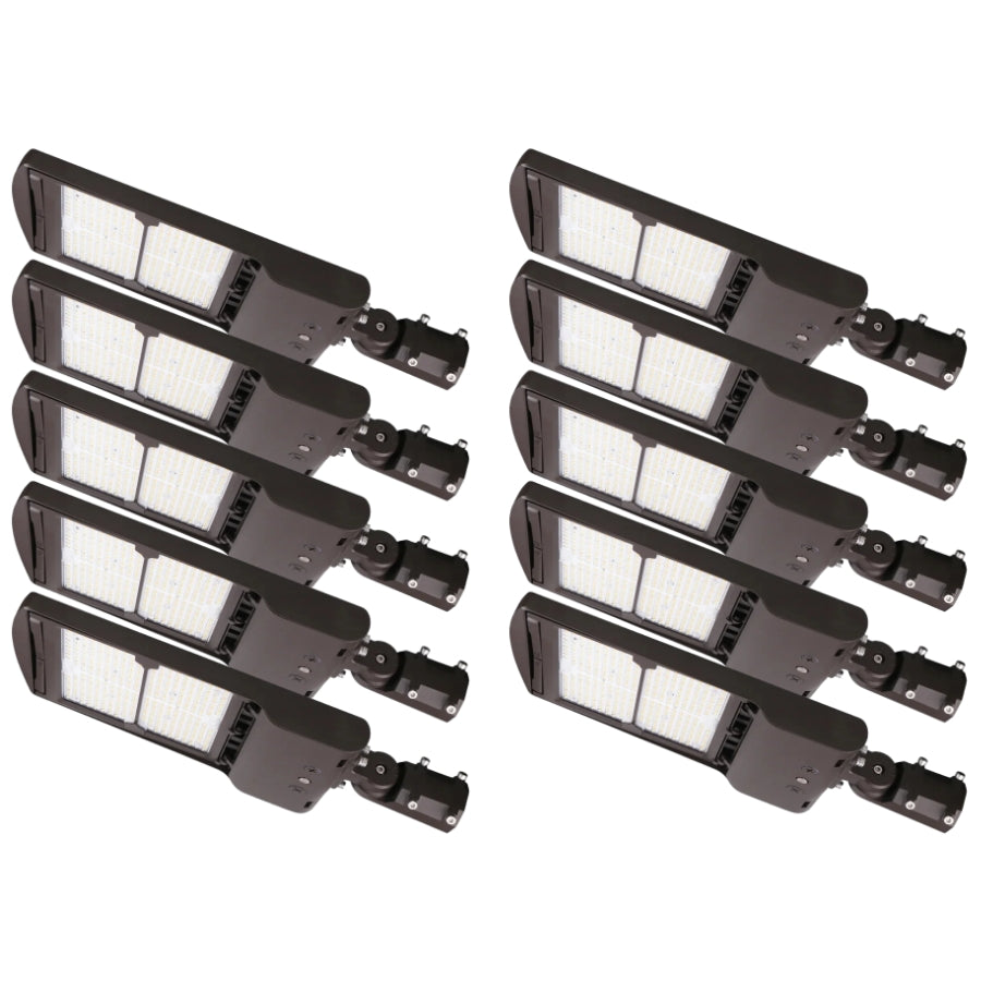 Two vertical columns displaying a total of ten identical bronze LED parking lot light fixtures.