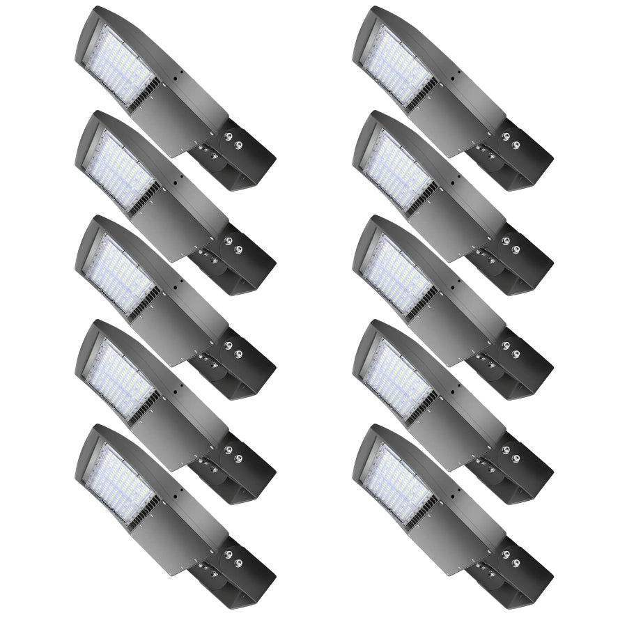 Bulk selectable LED parking lot lights with yoke mounts for large commercial parking lot lighting projects