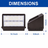 Dimension diagram of the 100W Full Cutoff LED Wall Pack showing 14.1-inch width, 9.2-inch height, and 9.6-inch depth for commercial wall installation.