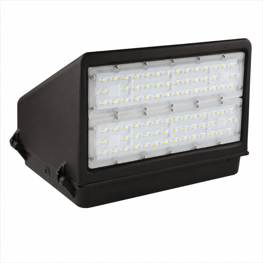 Front view of the 100W Full Cutoff LED Wall Pack with high-output LED modules, bronze die-cast aluminum housing, built-in photocell, and full cutoff optics for glare-free illumination.