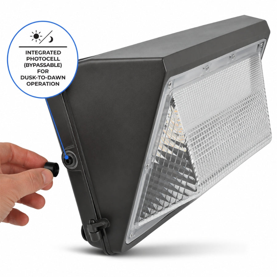 Close-up of the integrated bypassable dusk-to-dawn photocell on the 100W Semi Cutoff LED Wall Pack for automatic outdoor security and perimeter lighting.