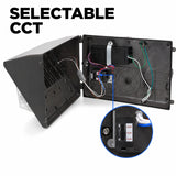 Interior view of the 100W Semi Cutoff LED Wall Pack showing the selectable 3000K, 4000K, and 5000K color temperature switch with premium LED driver and internal wiring.