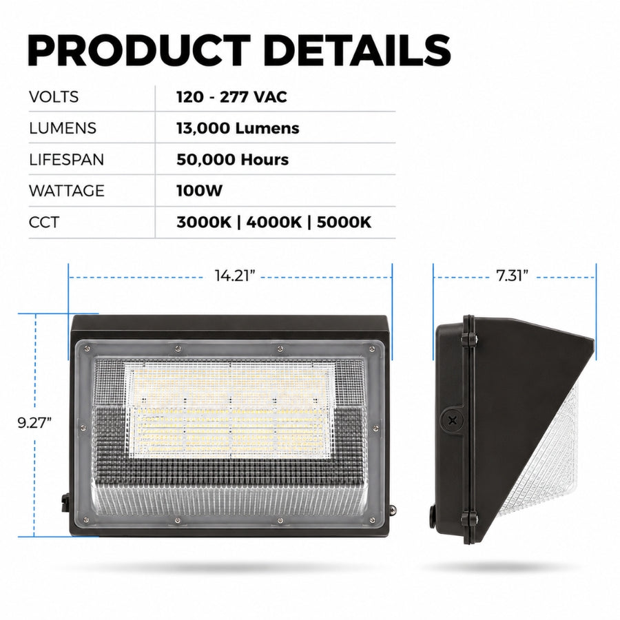 Product specifications and dimensions for the 100W Semi Cutoff LED Wall Pack featuring 13,000 lumens, 120-277V input, selectable CCT, 50,000-hour lifespan, and commercial-grade construction.