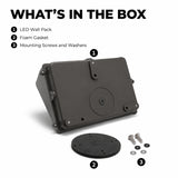 Package contents of the 100W Semi Cutoff LED Wall Pack including the LED fixture, foam gasket, and mounting screws with washers for fast commercial installation.
