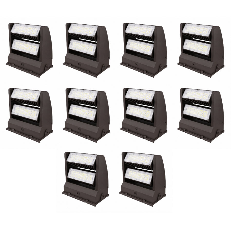 Ten-pack of 120W Rotatable LED Wall Pack fixtures featuring dual 350° adjustable optics, 120-277V input, DLC Premium certification, die-cast aluminum housing, and high-output commercial lighting performance.