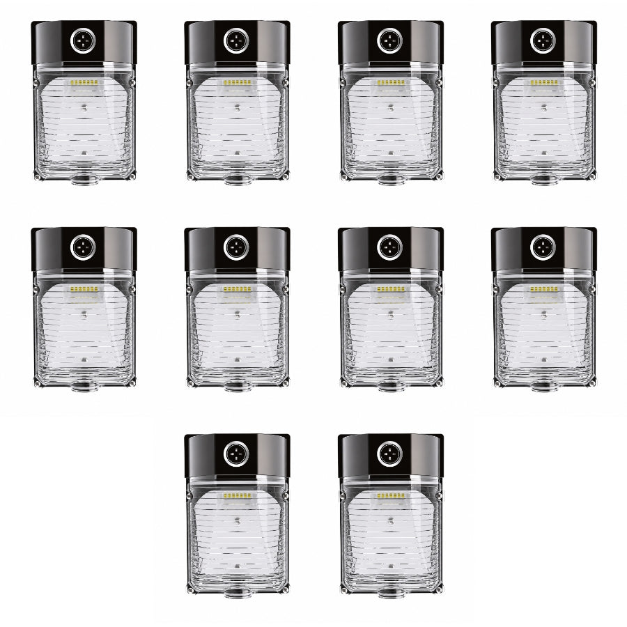 Ten-pack of 26W LED Mini Wall Pack lights with integrated photocells, 3,588-lumen output, 120-277V operation, and DLC Premium efficiency for large commercial lighting projects.