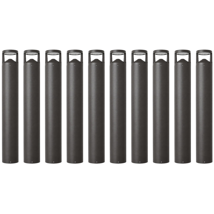 Ten 42-inch dark bronze LED bollard landscape lights arranged together for outdoor pathway and commercial lighting projects