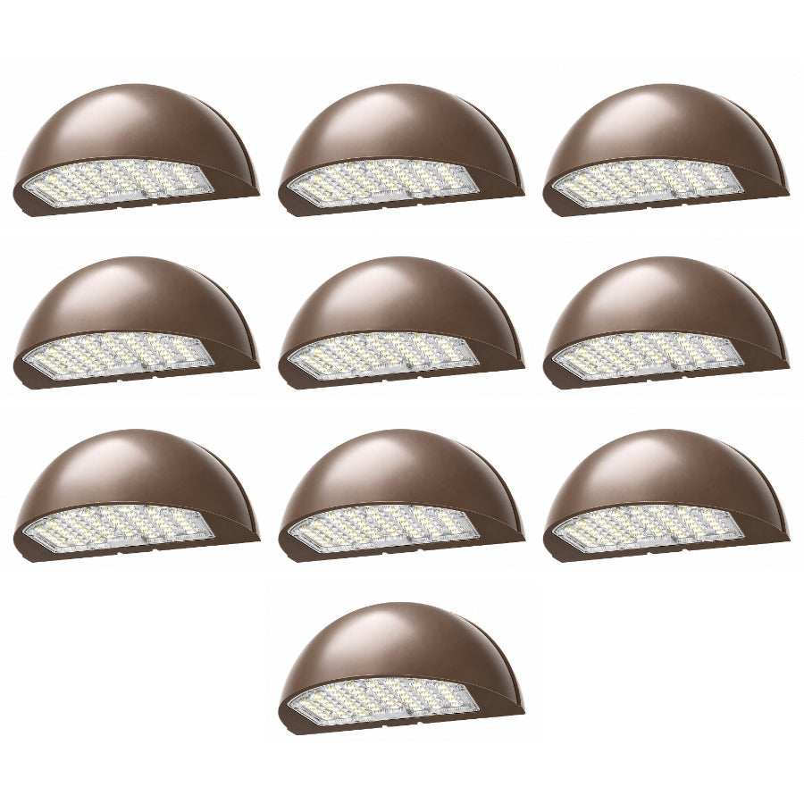 Ten-pack of LED Half Moon Wall Pack fixtures with selectable 48W, 64W, or 80W output, 3CCT tunable lighting, built-in dusk-to-dawn photocell, and IP65 weatherproof construction.