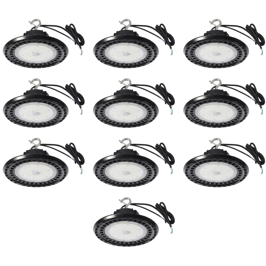 Ten-pack of selectable UFO LED high bay lights with adjustable wattage, 5000K daylight white output, and high-efficiency industrial lighting performance.