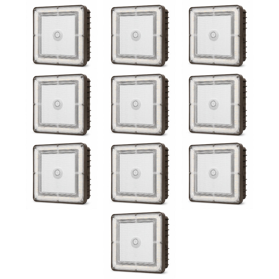 Ten square outdoor LED light fixtures with clear acrylic covers and dark metal frames, arranged in a grid on a white background.