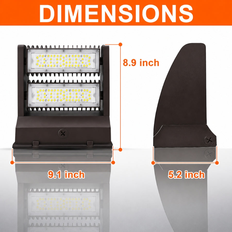 Product dimensions of the 120W Rotatable LED Wall Pack showing overall height, width, and depth for accurate commercial installation and wall mounting.