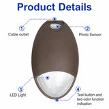 Product detail image showing the cable outlet, photo sensor, LED light, and self-test button with two-color status indicator on the 12W LED Emergency Wall Pack.