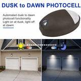 12W LED Emergency Wall Pack with integrated dusk-to-dawn photocell that automatically turns the fixture on at dusk and off at dawn for reliable outdoor security lighting.