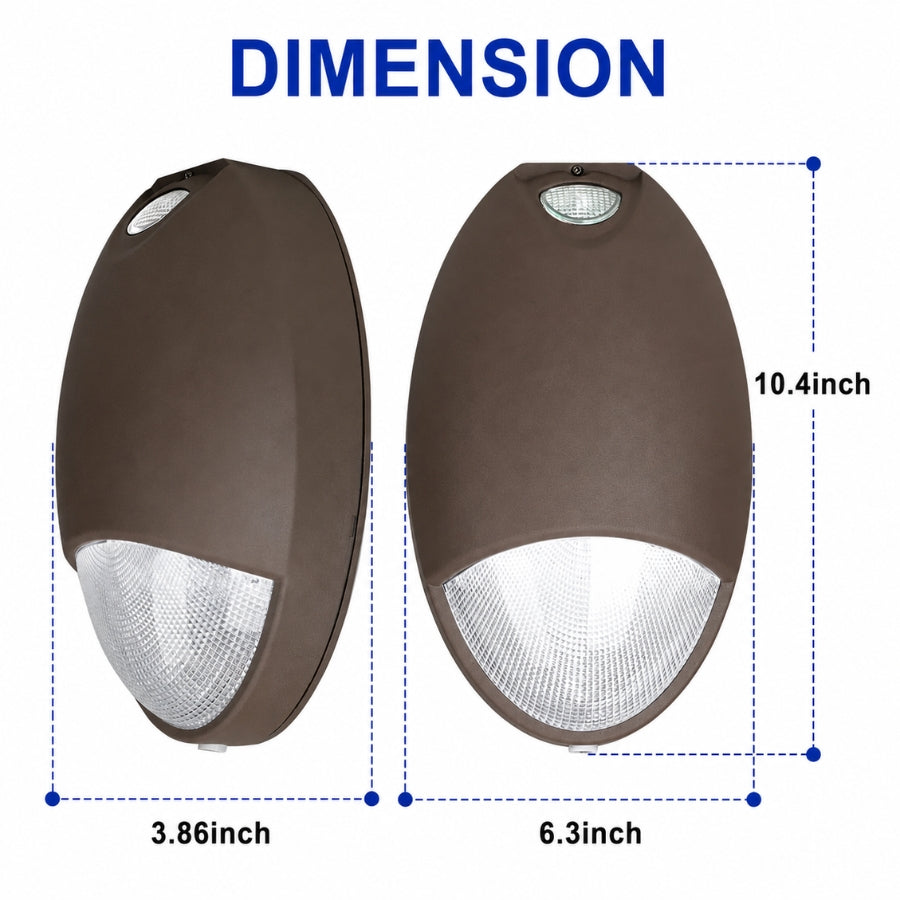 Dimensions of the 12W LED Emergency Wall Pack measuring 10.4 inches high, 6.3 inches wide, and 3.86 inches deep for easy wall installation.
