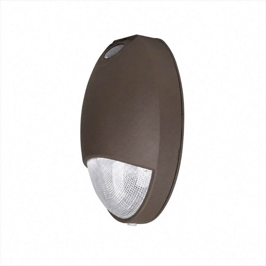 Angled side view of the 12W LED Emergency Wall Pack featuring a durable bronze die-cast aluminum housing and impact-resistant polycarbonate lens.