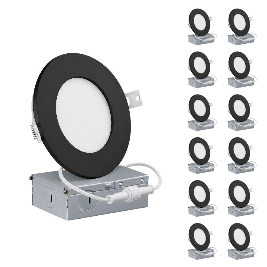 A black circular recessed LED downlight shown mounted on a silver metal electrical box with a white cord, alongside a repeated grid of the same unit on the right, all on a white background.