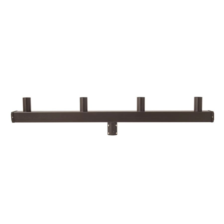 180° Low Profile Quad Bullhorn Tenon Adapter for 4 LED Light Fixtures, Four 2-3/8" O.D. Vertical Tenons, Heavy-Duty Galvanized Steel Pole Top Mount, Bronze Finish for Parking Lot, Shoebox, Street, Flood & Area Lights
