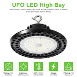 Sensor Ready 150W UFO LED High Bay Light, 450W MH Equivalent, Up to 27,000 Lumens, 180 lm/W, 3CCT 4000K/5000K/5700K Selectable, 277-480V, 0-10V Dimmable, 120° Beam, Black Housing
