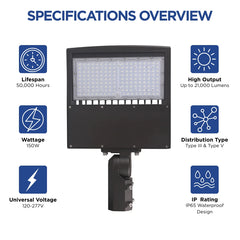 Commercial LED shoebox light featuring 21,000 lumens output, 50,000-hour lifespan, 120-277V input, and IP65 waterproof protection.