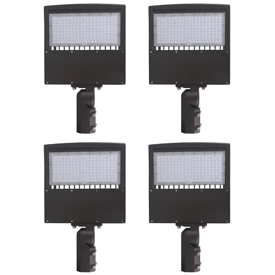 Four-pack LED shoebox parking lot lights ideal for commercial properties, parking areas, campuses, warehouses, and roadway lighting.