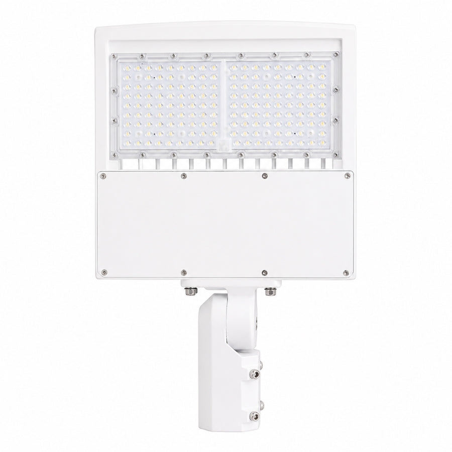 150W LED parking lot light with white housing, 21,000 lumens, 5000K daylight, Type III/Type V distribution, 277-480V commercial outdoor area light.