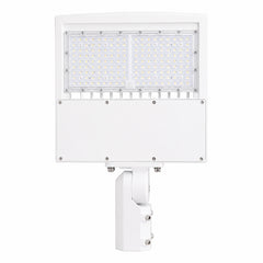 150W LED parking lot light with white housing, 21,000 lumens, 5000K daylight, Type III/Type V distribution, 277-480V commercial outdoor area light.
