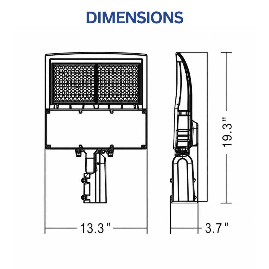 Technical dimensions of 150W LED shoebox parking lot light with white housing, providing installation measurements for commercial outdoor lighting projects.