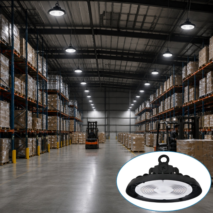150W LED UFO high bay lights installed in a warehouse, providing bright, energy-efficient illumination for distribution centers, factories, workshops, and storage facilities.