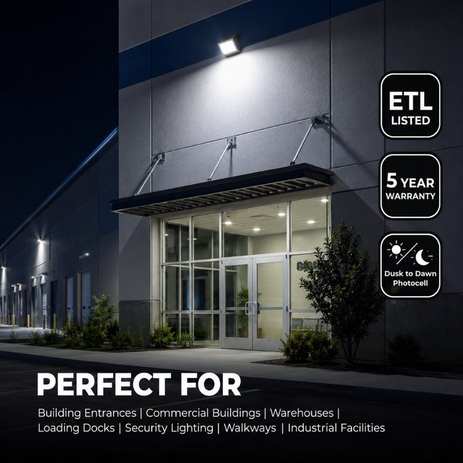 150W Semi Cutoff LED Wall Pack installed on a commercial building entrance, ideal for warehouses, loading docks, walkways, security lighting, industrial facilities, and building exteriors.