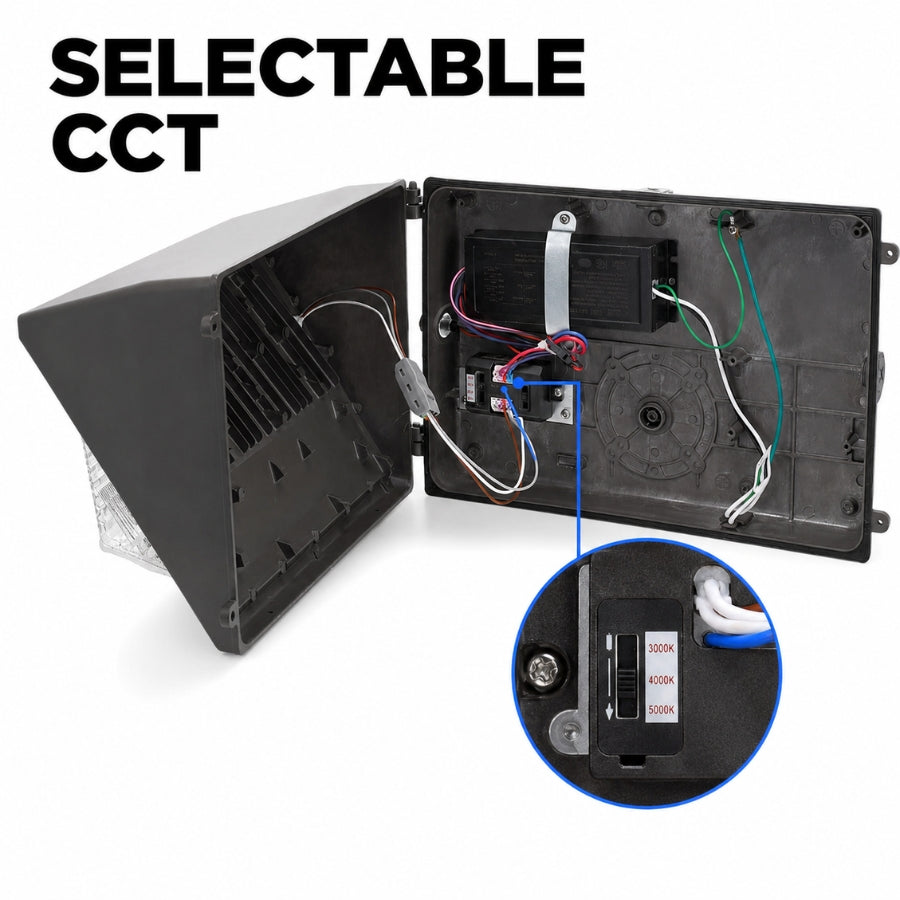 Interior view of the 150W Semi Cutoff LED Wall Pack showing the selectable 3000K, 4000K, and 5000K color temperature switch with premium LED driver and internal wiring.
