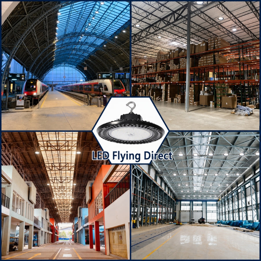 150W UFO LED high bay light suitable for warehouses, factories, distribution centers, manufacturing plants, gymnasiums, and other high-ceiling commercial spaces.