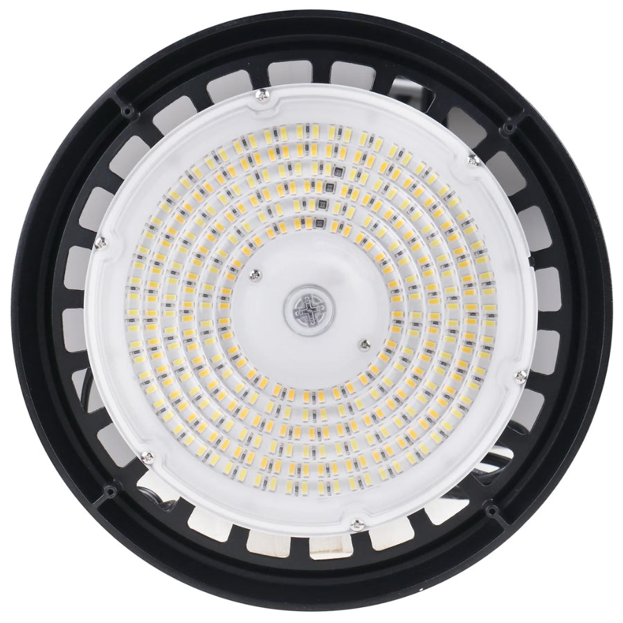 Bottom view of the 150W LED UFO high bay light displaying the high-density LED array and optical lens for uniform, high-output illumination.